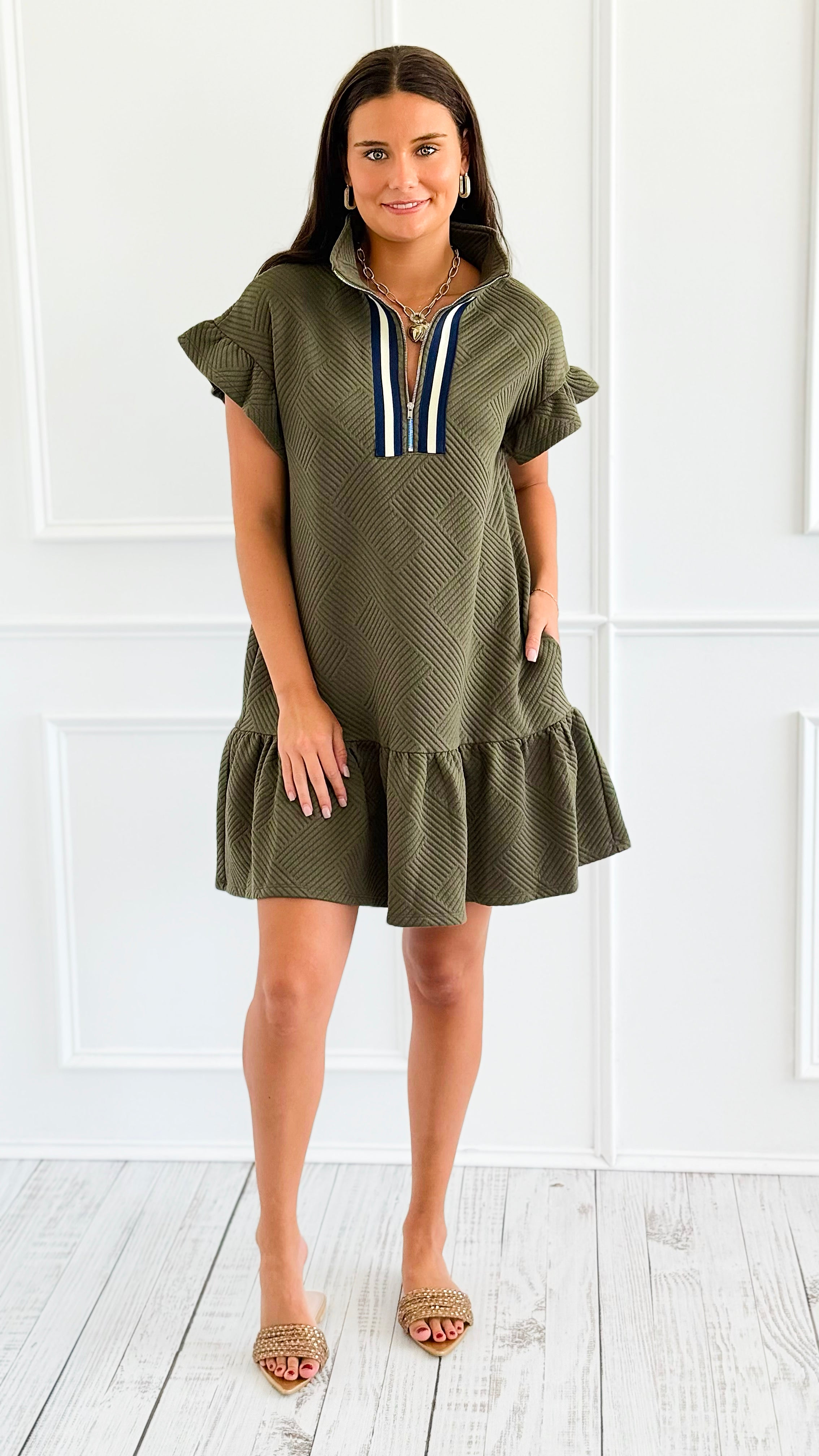 Jet Set Go Quilted Zip Mini Dress - Olive-200 Dresses/Jumpsuits/Rompers-she + sky-Coastal Bloom Boutique, find the trendiest versions of the popular styles and looks Located in Indialantic, FL
