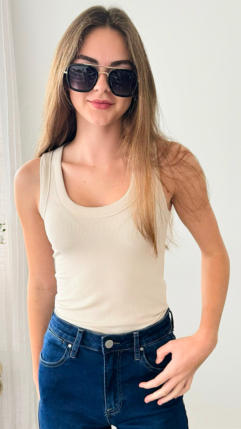 Elite Ribbed Scoop Neck Tank Top - Sand Beige-100 Sleeveless Tops-Zenana-Coastal Bloom Boutique, find the trendiest versions of the popular styles and looks Located in Indialantic, FL