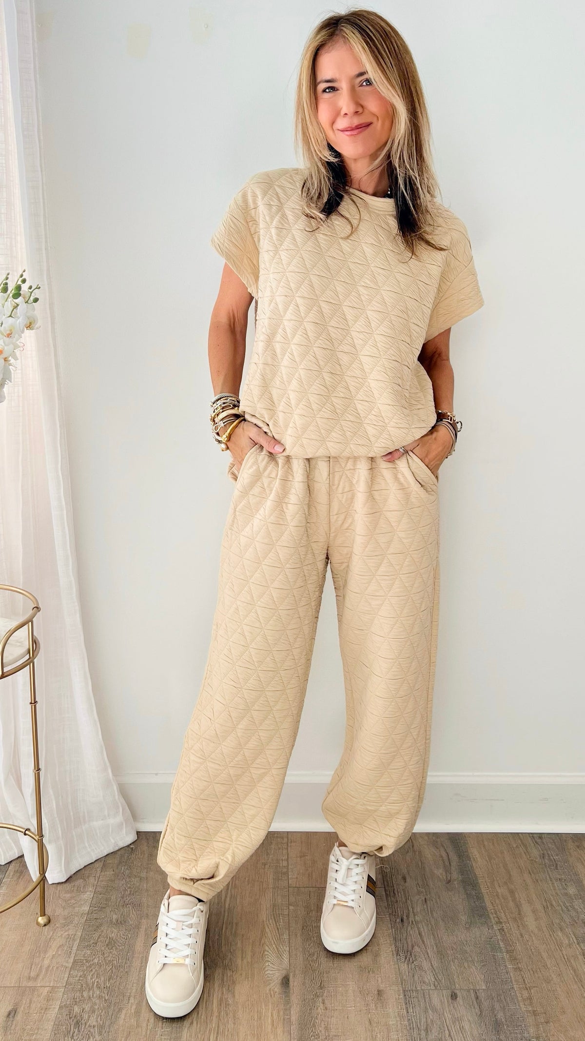 Taylor Quilted Short Sleeve Set - Cream-210 Loungewear/Sets-See and Be Seen-Coastal Bloom Boutique, find the trendiest versions of the popular styles and looks Located in Indialantic, FL