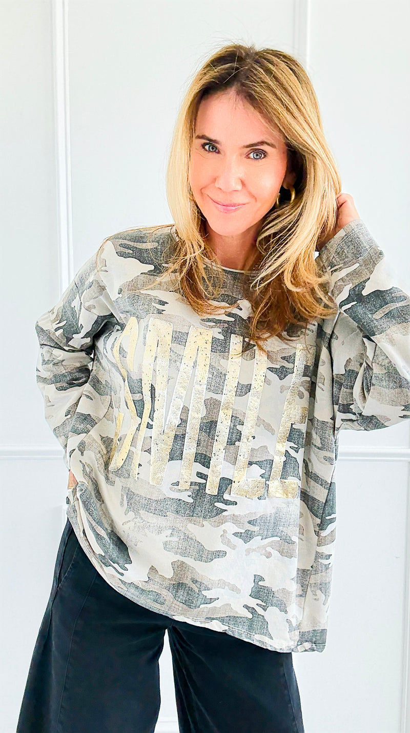Happy Camo Italian Long Sleeve Top-110 Long Sleeve Tops-GI STUDIO-Coastal Bloom Boutique, find the trendiest versions of the popular styles and looks Located in Indialantic, FL