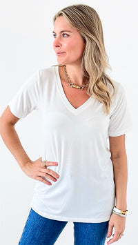 Casual Luxe V-Neck Top - Off White-110 Short Sleeve Tops-Zenana-Coastal Bloom Boutique, find the trendiest versions of the popular styles and looks Located in Indialantic, FL