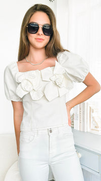 Flower Detail Square Neck Denim Top-White-110 Short Sleeve Tops-pastel design-Coastal Bloom Boutique, find the trendiest versions of the popular styles and looks Located in Indialantic, FL