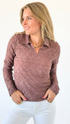 Textured Collared Top - Brown-110 Long Sleeve Tops-Rousseau-Coastal Bloom Boutique, find the trendiest versions of the popular styles and looks Located in Indialantic, FL