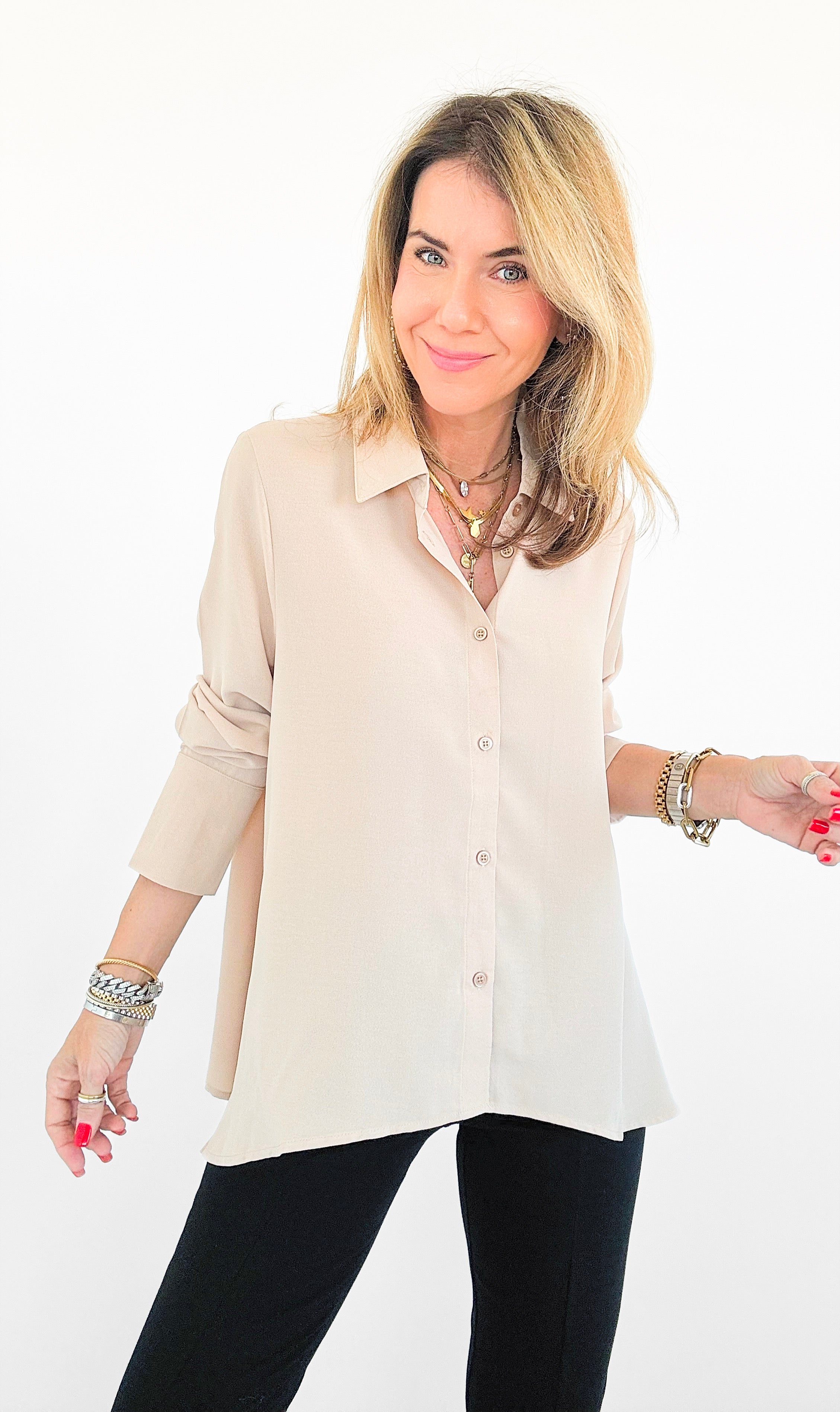 SoHo Button Down Top - Beige-130 Long Sleeve Tops-Must Have-Coastal Bloom Boutique, find the trendiest versions of the popular styles and looks Located in Indialantic, FL