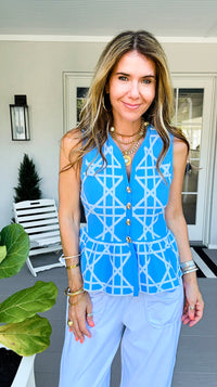 Button Front Peplum Top - Blue