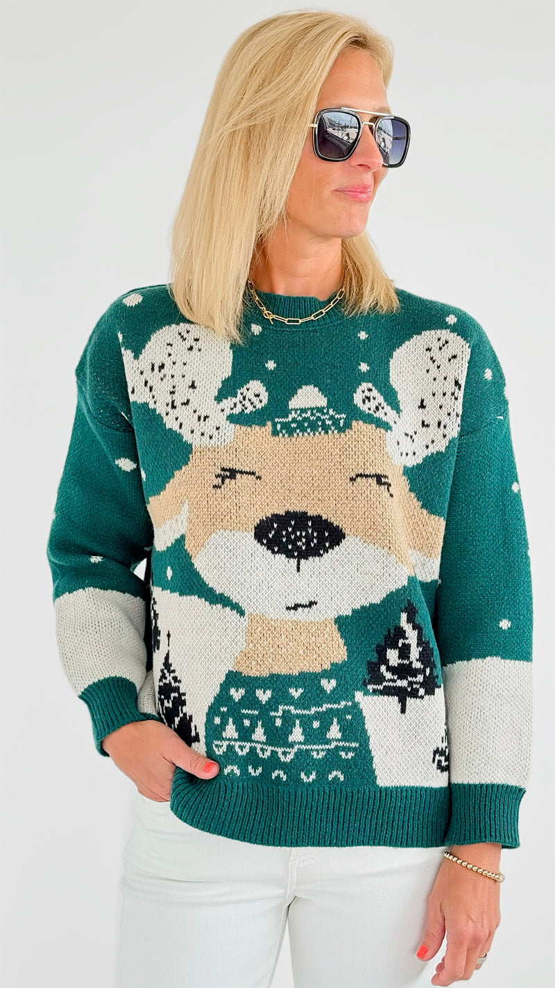 Rudolph Printed Sweater - Green-140 Sweaters-On Blue-Coastal Bloom Boutique, find the trendiest versions of the popular styles and looks Located in Indialantic, FL