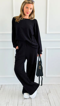 Relax Mode Long Sleeve Slub Knit Set -Black-210 Loungewear/Sets-Zenana-Coastal Bloom Boutique, find the trendiest versions of the popular styles and looks Located in Indialantic, FL