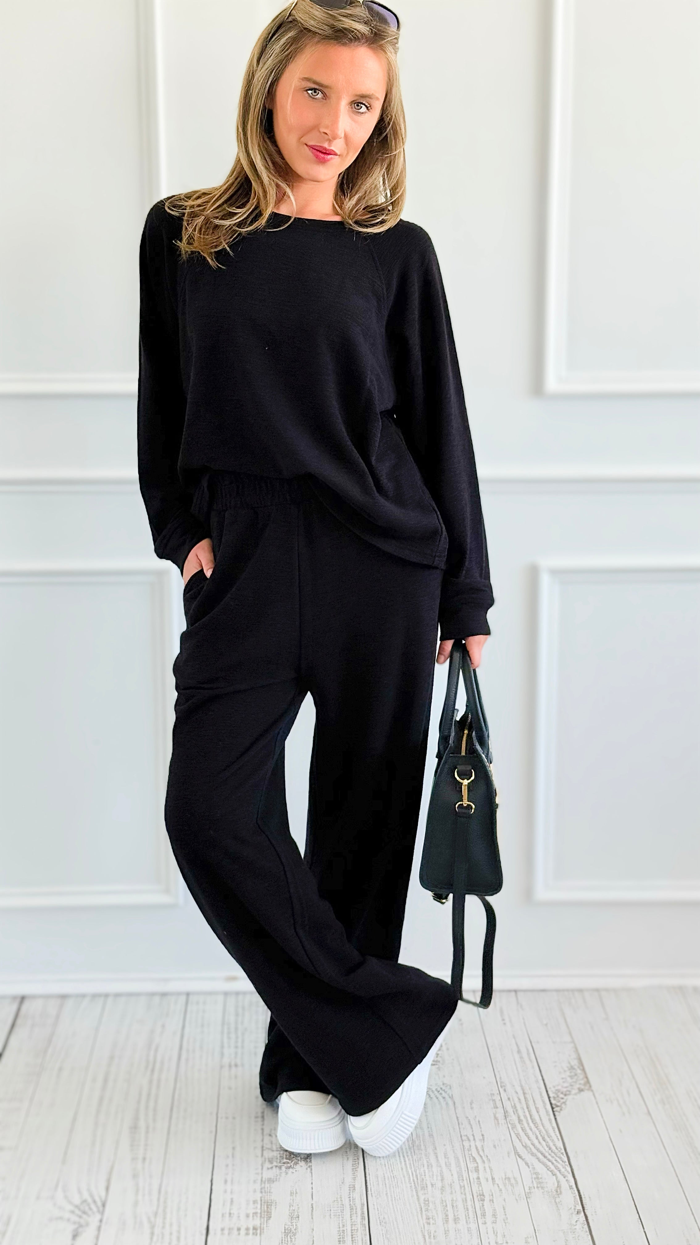 Relax Mode Long Sleeve Slub Knit Set -Black-210 Loungewear/Sets-Zenana-Coastal Bloom Boutique, find the trendiest versions of the popular styles and looks Located in Indialantic, FL