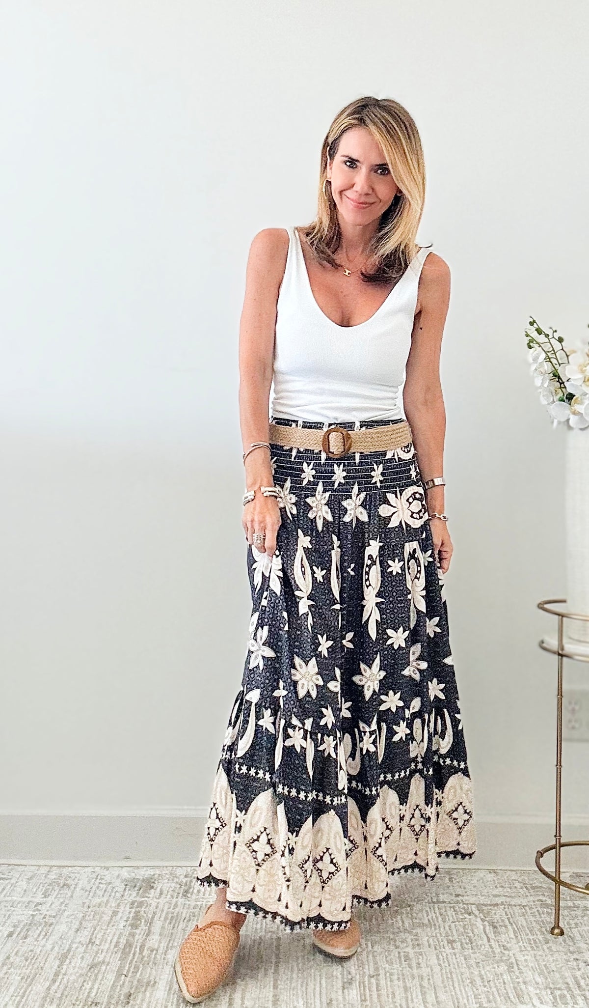 Belted Ruffle Italian Maxi Skirt - Black/Taupe-170 Bottoms-Italianissimo-Coastal Bloom Boutique, find the trendiest versions of the popular styles and looks Located in Indialantic, FL