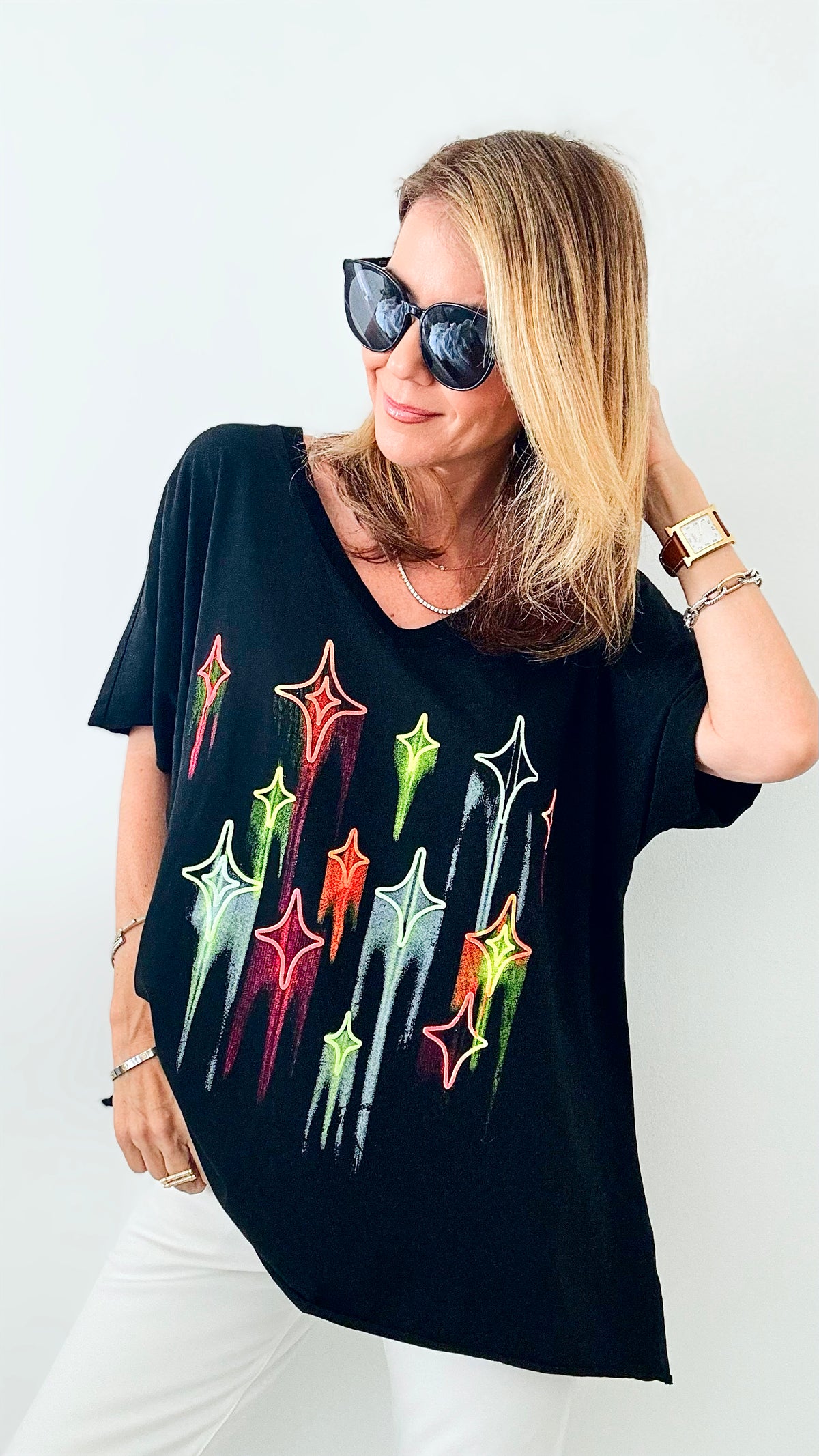 Starburst Italian Tee - Black-110 Short Sleeve Tops-Italianissimo-Coastal Bloom Boutique, find the trendiest versions of the popular styles and looks Located in Indialantic, FL