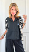 Houndstooth Sleeves V-Neck Blouse-130 Long Sleeve Tops-THML-Coastal Bloom Boutique, find the trendiest versions of the popular styles and looks Located in Indialantic, FL