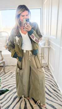 Wide-Leg Drawstring Cotton Pants -Olive