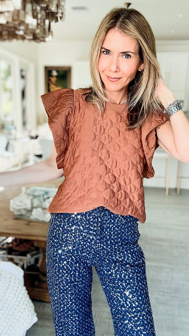 Quilted Ruffle Sleeve Top - Mocha-110 Short Sleeve Tops-Ces Femme-Coastal Bloom Boutique, find the trendiest versions of the popular styles and looks Located in Indialantic, FL
