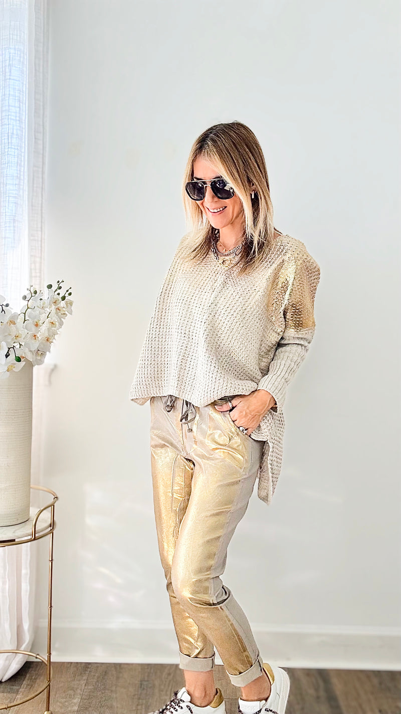 Glistening Italian Joggers - Taupe / Gold-180 Joggers-Italianissimo-Coastal Bloom Boutique, find the trendiest versions of the popular styles and looks Located in Indialantic, FL
