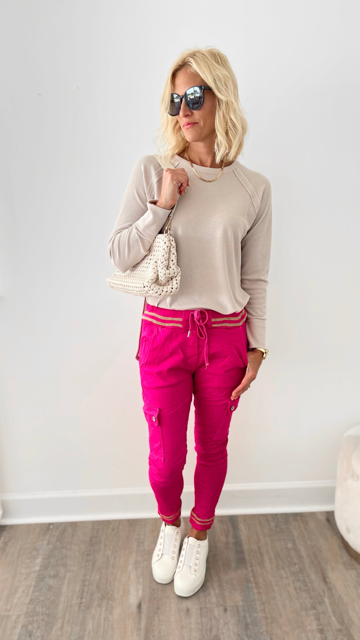 Varsity Cargo Crinkle Italian Joggers - Fuchsia-180 Joggers-Venti6 Outlet-Coastal Bloom Boutique, find the trendiest versions of the popular styles and looks Located in Indialantic, FL