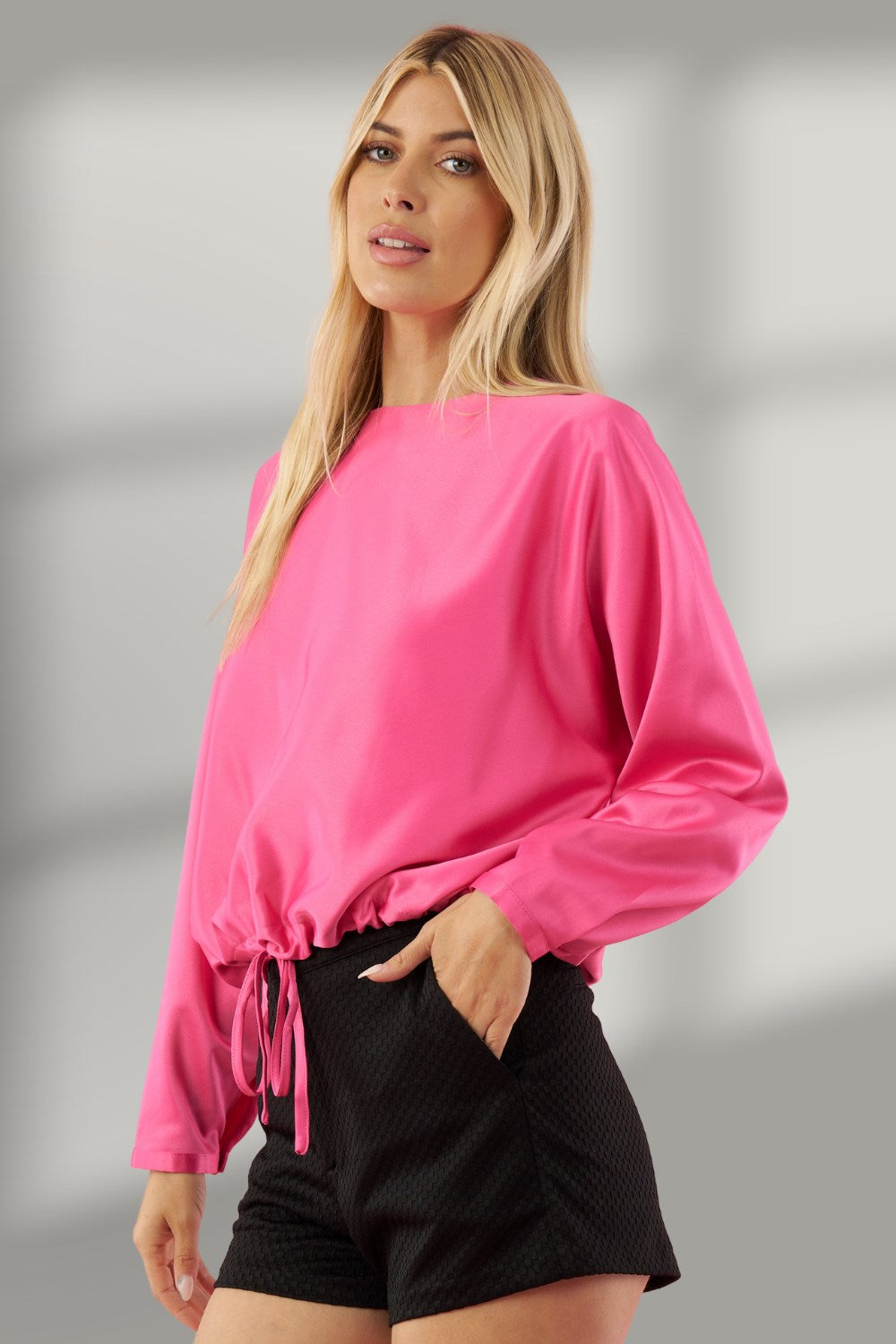 Round Neck Drawstring Hem Blouse - Fuchsia-130 Long Sleeve Tops-Glam-Coastal Bloom Boutique, find the trendiest versions of the popular styles and looks Located in Indialantic, FL