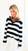 Striped V-Neck Sweater - Black/Ivory-140 Sweaters-Miracle-Coastal Bloom Boutique, find the trendiest versions of the popular styles and looks Located in Indialantic, FL