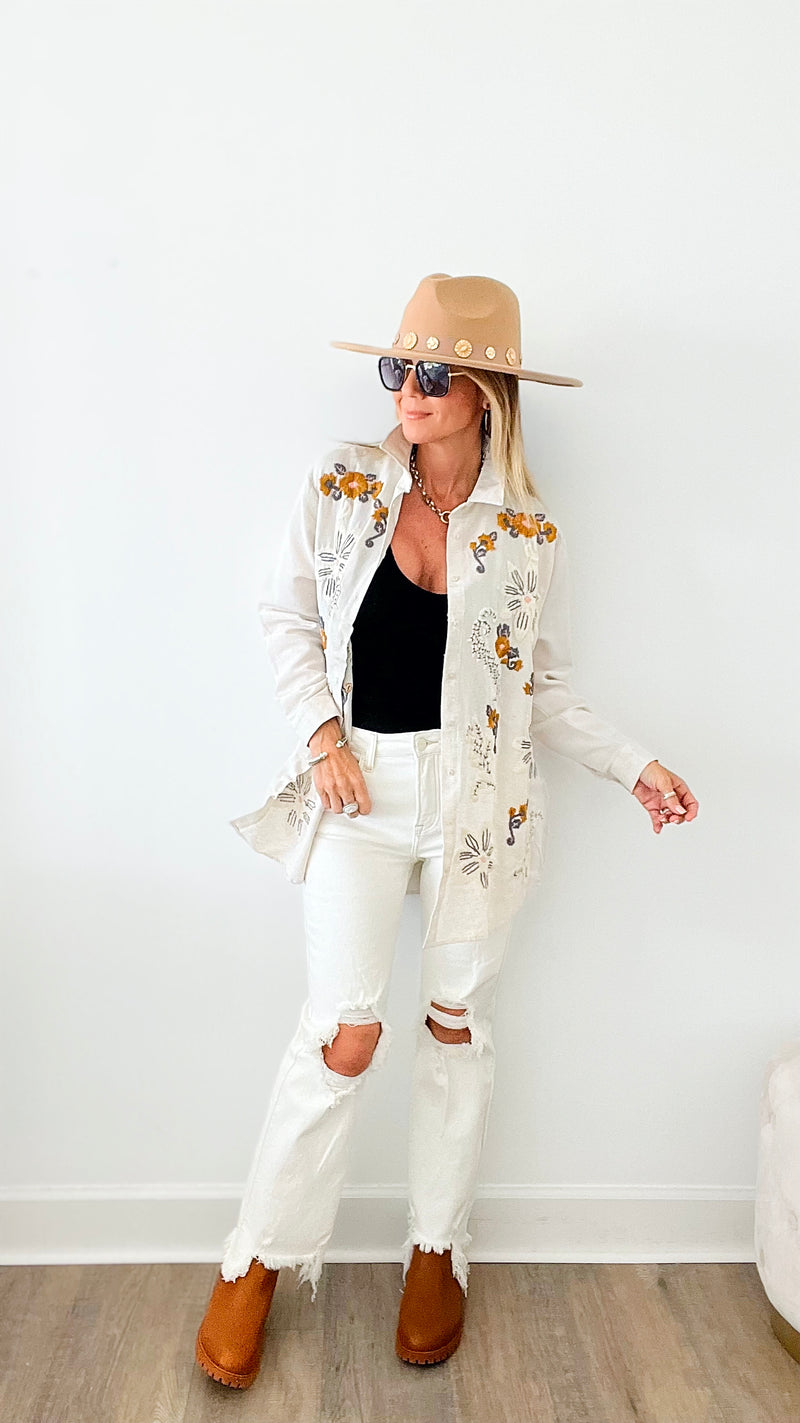 Garden Embroidered Button Up Blouse-130 Long Sleeve Tops-TOUCHE PRIVE-Coastal Bloom Boutique, find the trendiest versions of the popular styles and looks Located in Indialantic, FL