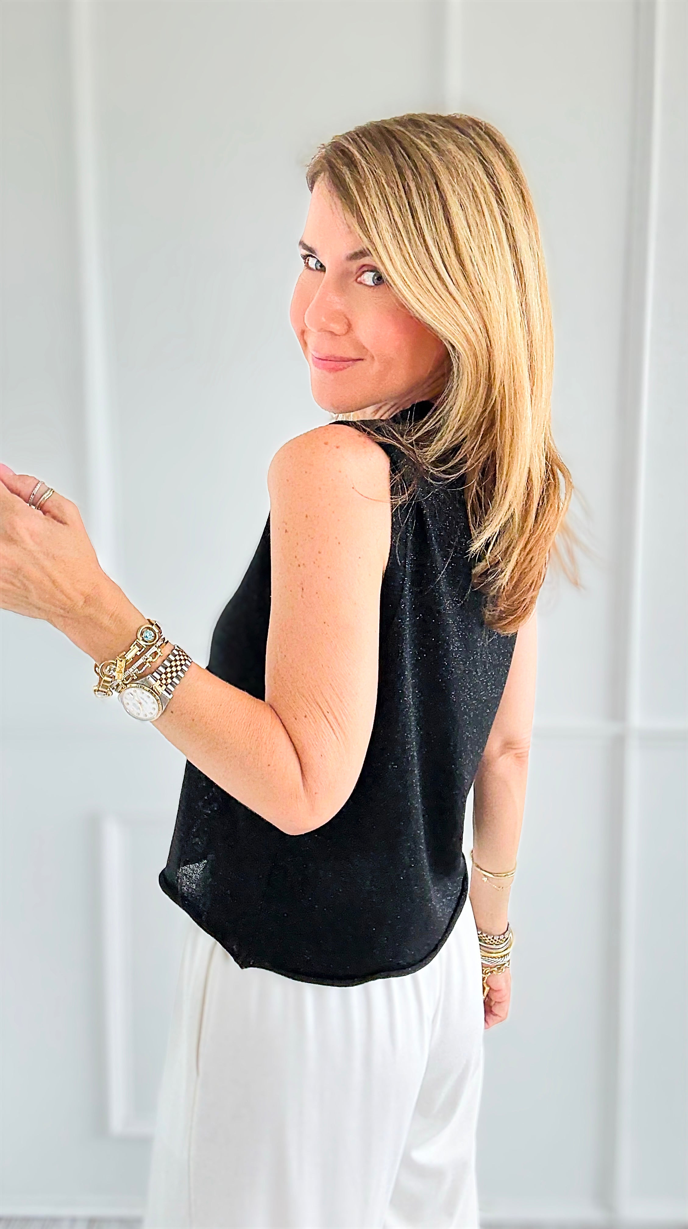 Glimmer Ease Italian Top- Black-100 Sleeveless Tops-LY PARIS-Coastal Bloom Boutique, find the trendiest versions of the popular styles and looks Located in Indialantic, FL