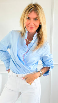 Ruffle Contour Elegance Italian Button Top- Sky Blue