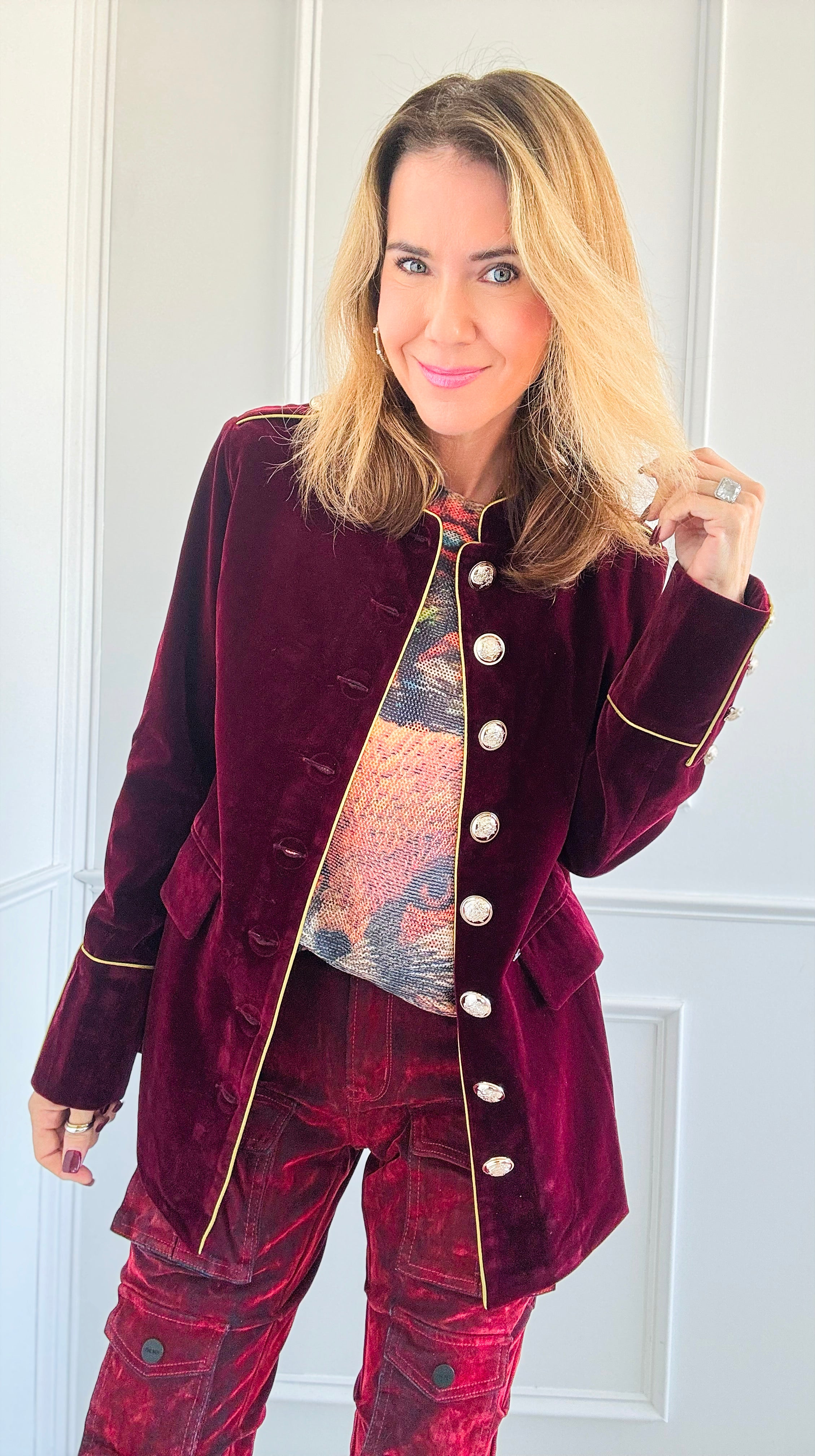 Majestic Velvet Military Blazer - Claret-160 Jackets-Cezele-Coastal Bloom Boutique, find the trendiest versions of the popular styles and looks Located in Indialantic, FL