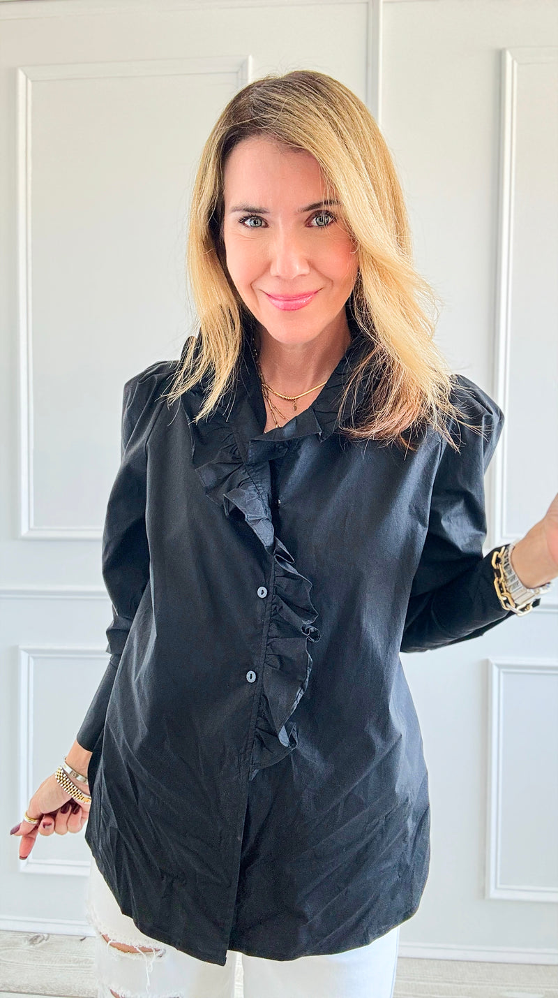 Ruffled Collar Button-Down Blouse- Black-130 Long Sleeve Tops-Cezele-Coastal Bloom Boutique, find the trendiest versions of the popular styles and looks Located in Indialantic, FL