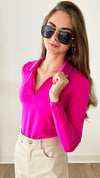 V- Neck Long Sleeve Collared Top - Fuchsia-130 Long Sleeve Tops-ShopIrisBasic-Coastal Bloom Boutique, find the trendiest versions of the popular styles and looks Located in Indialantic, FL