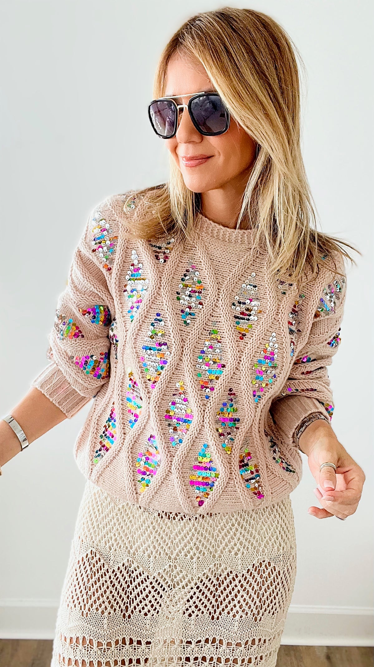 Champagne Problems Sequins Sweater-140 Sweaters-BIBI-Coastal Bloom Boutique, find the trendiest versions of the popular styles and looks Located in Indialantic, FL