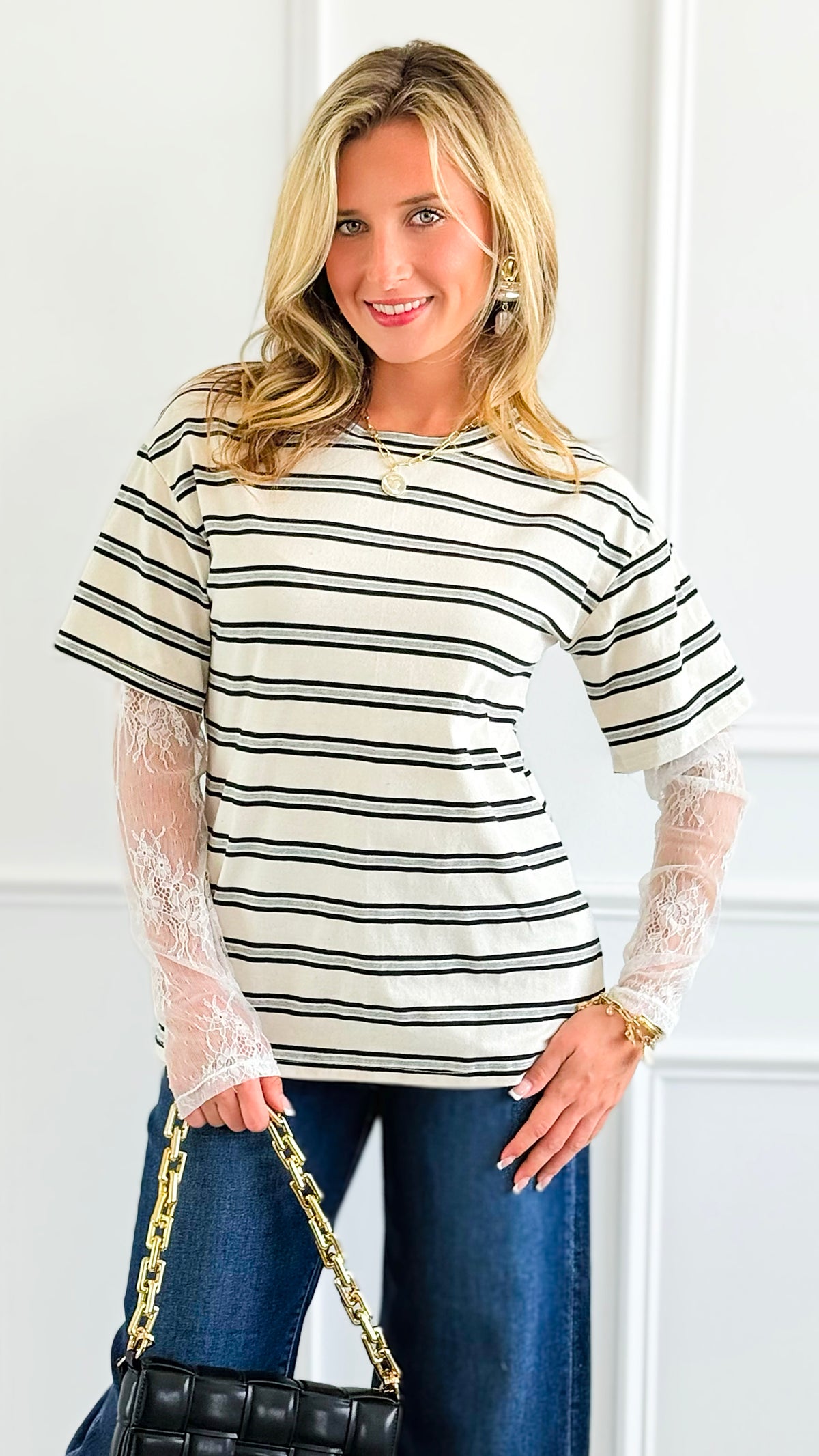 Stripe Contrast Lace Sleeve Italian Top-110 Long Sleeve Tops-Mitica & Co-Coastal Bloom Boutique, find the trendiest versions of the popular styles and looks Located in Indialantic, FL