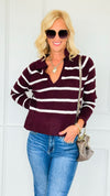 Weekend Club Striped Polo Sweater - Burgundy-140 Sweaters-LOVE TREE-Coastal Bloom Boutique, find the trendiest versions of the popular styles and looks Located in Indialantic, FL