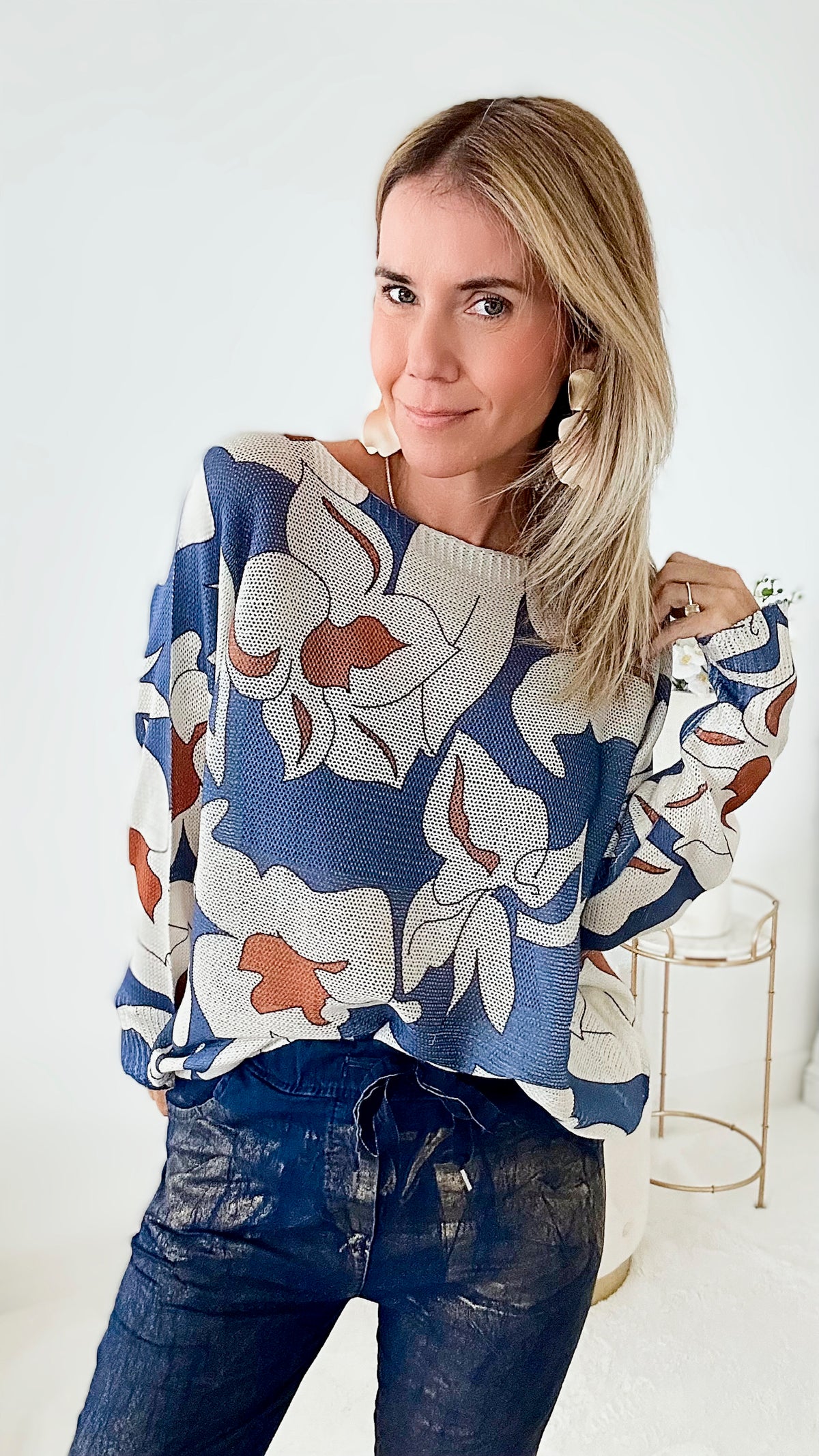 Italian St Tropez Flowering Lilies Knit Sweater - Blue-140 Sweaters-Yolly-Coastal Bloom Boutique, find the trendiest versions of the popular styles and looks Located in Indialantic, FL
