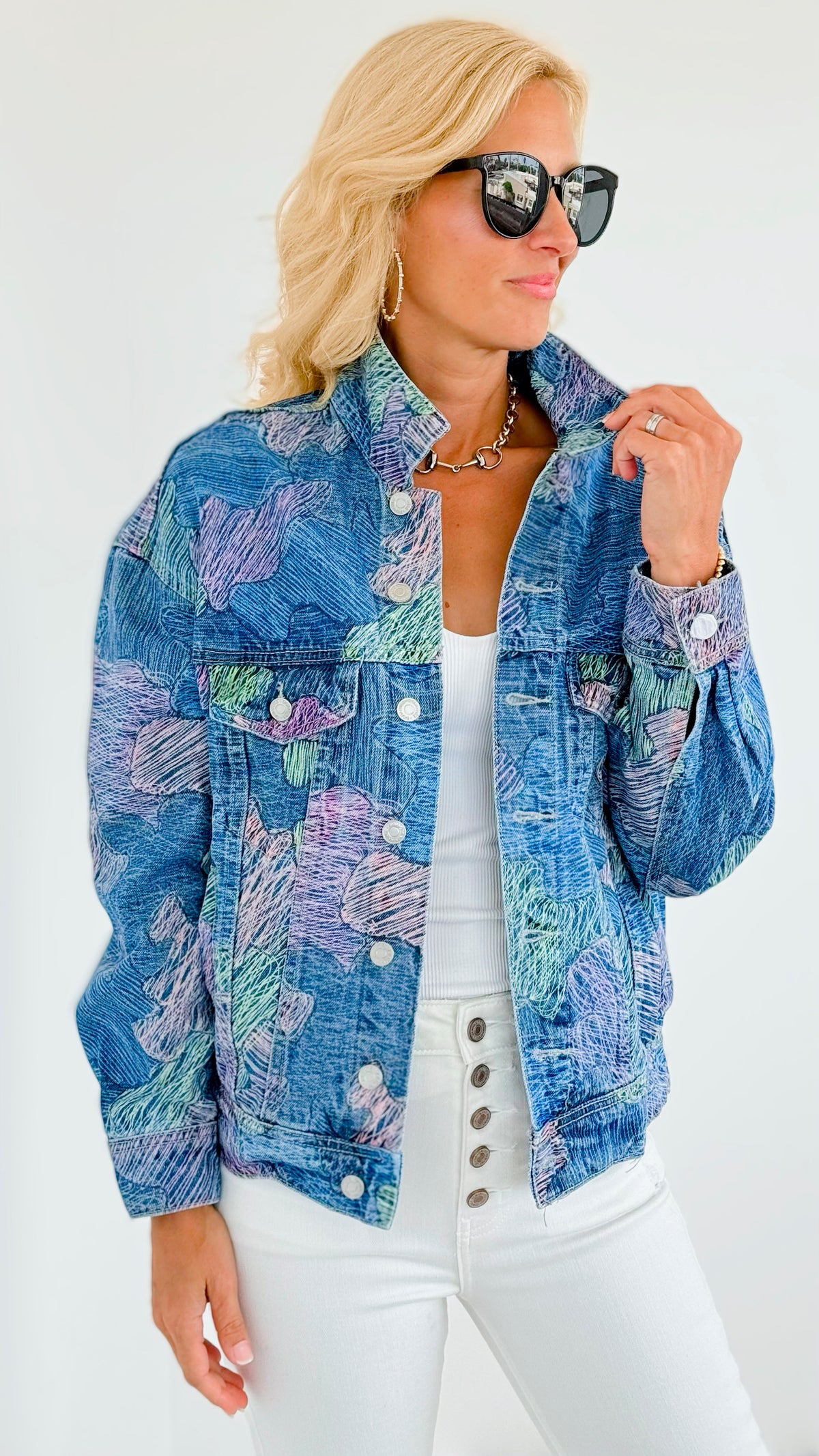 Scribble Printed Denim Jacket-Multicolor-160 Jackets-Rousseau-Coastal Bloom Boutique, find the trendiest versions of the popular styles and looks Located in Indialantic, FL