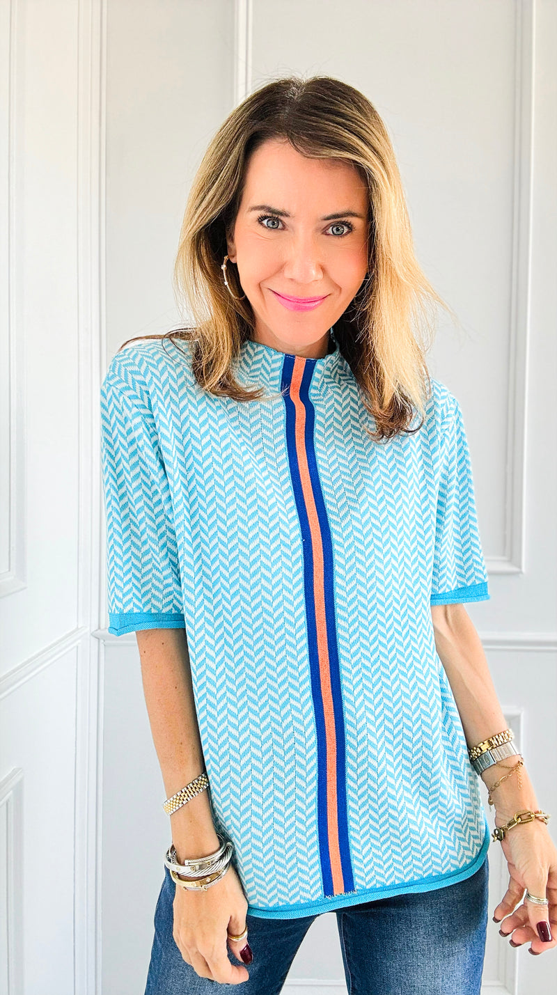 Vibrant Line Herringbone Top - Blue-110 Short Sleeve Tops-Cezele-Coastal Bloom Boutique, find the trendiest versions of the popular styles and looks Located in Indialantic, FL