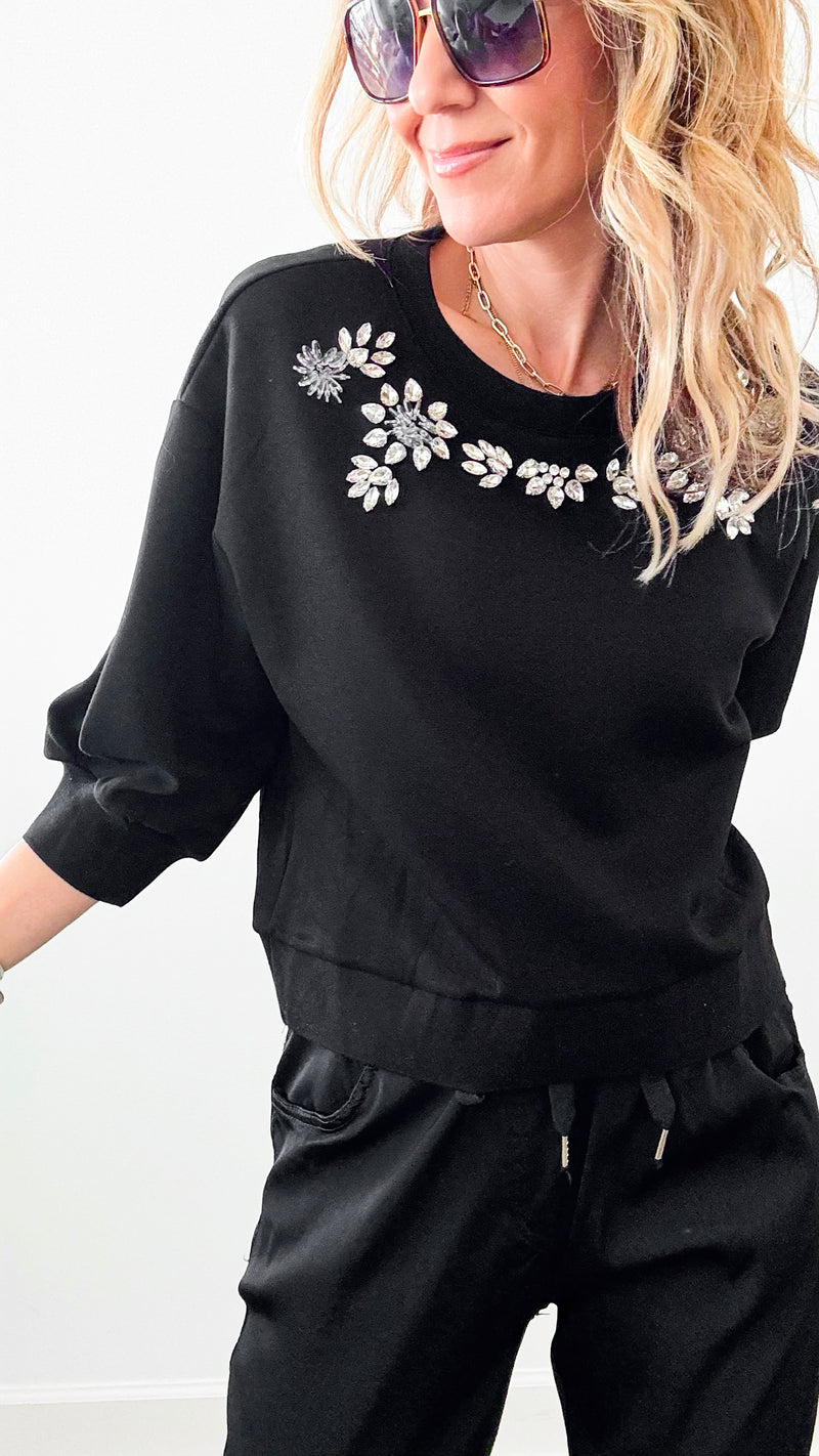 Rhinestone Detail Round Neck Sweatshirt - Black-130 Long Sleeve Tops-pastel design-Coastal Bloom Boutique, find the trendiest versions of the popular styles and looks Located in Indialantic, FL