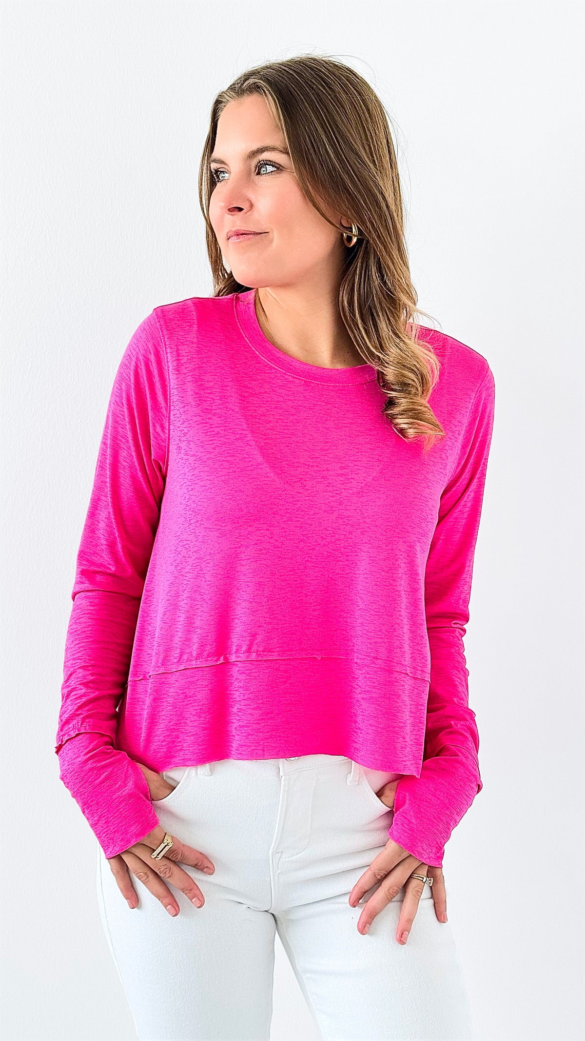 Shark Bite Side Slit Long Sleeve Top - Fuchsia-110 Long Sleeve Tops-Zenana-Coastal Bloom Boutique, find the trendiest versions of the popular styles and looks Located in Indialantic, FL