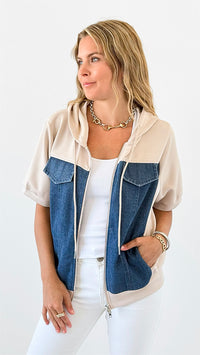 Denim Panel Short Sleeve Jacket-160 Jackets-Joh Apparel-Coastal Bloom Boutique, find the trendiest versions of the popular styles and looks Located in Indialantic, FL