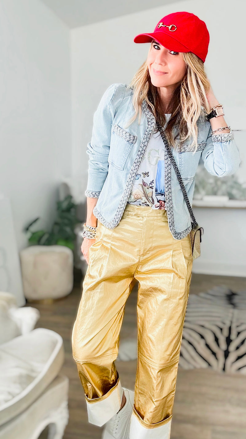 Metallic Strech Twill Pants-Gold-170 Bottoms-Edit By Nine-Coastal Bloom Boutique, find the trendiest versions of the popular styles and looks Located in Indialantic, FL