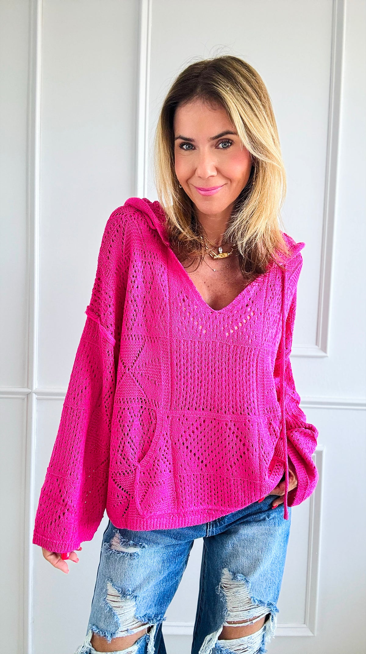 Knitted Hooded Sweater- Fuchsia-140 Sweaters-Miracle-Coastal Bloom Boutique, find the trendiest versions of the popular styles and looks Located in Indialantic, FL