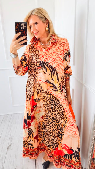 Feline Fantasy Italian Button Long Dress