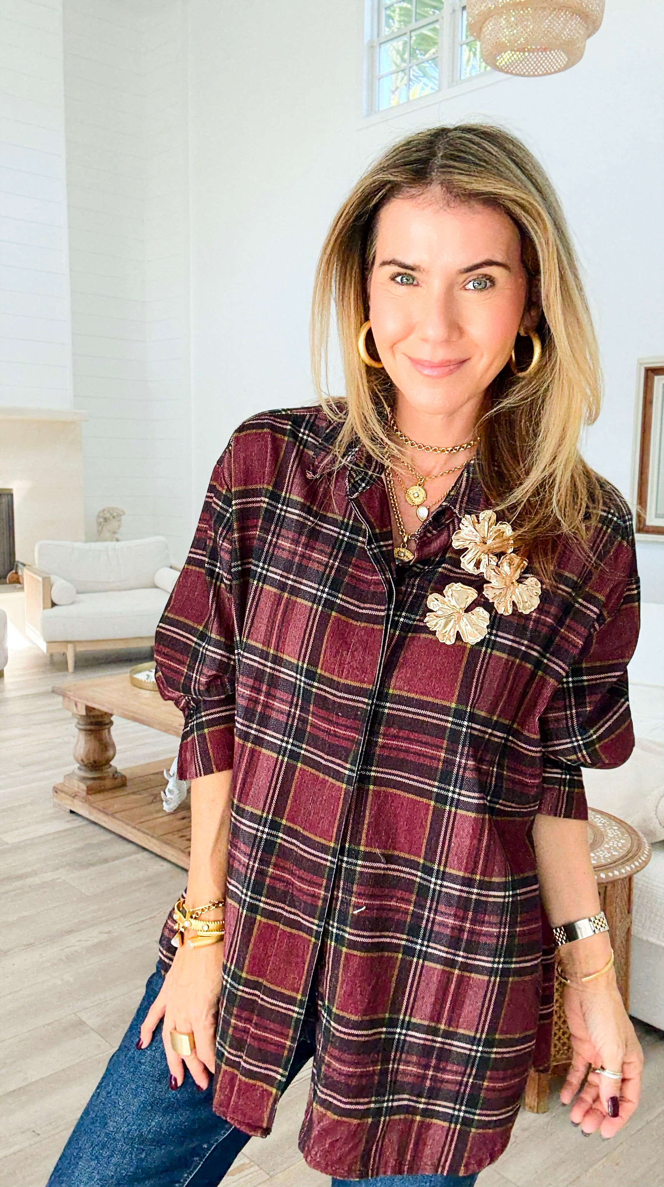 Plaid Petals Corduroy Italian Blouse