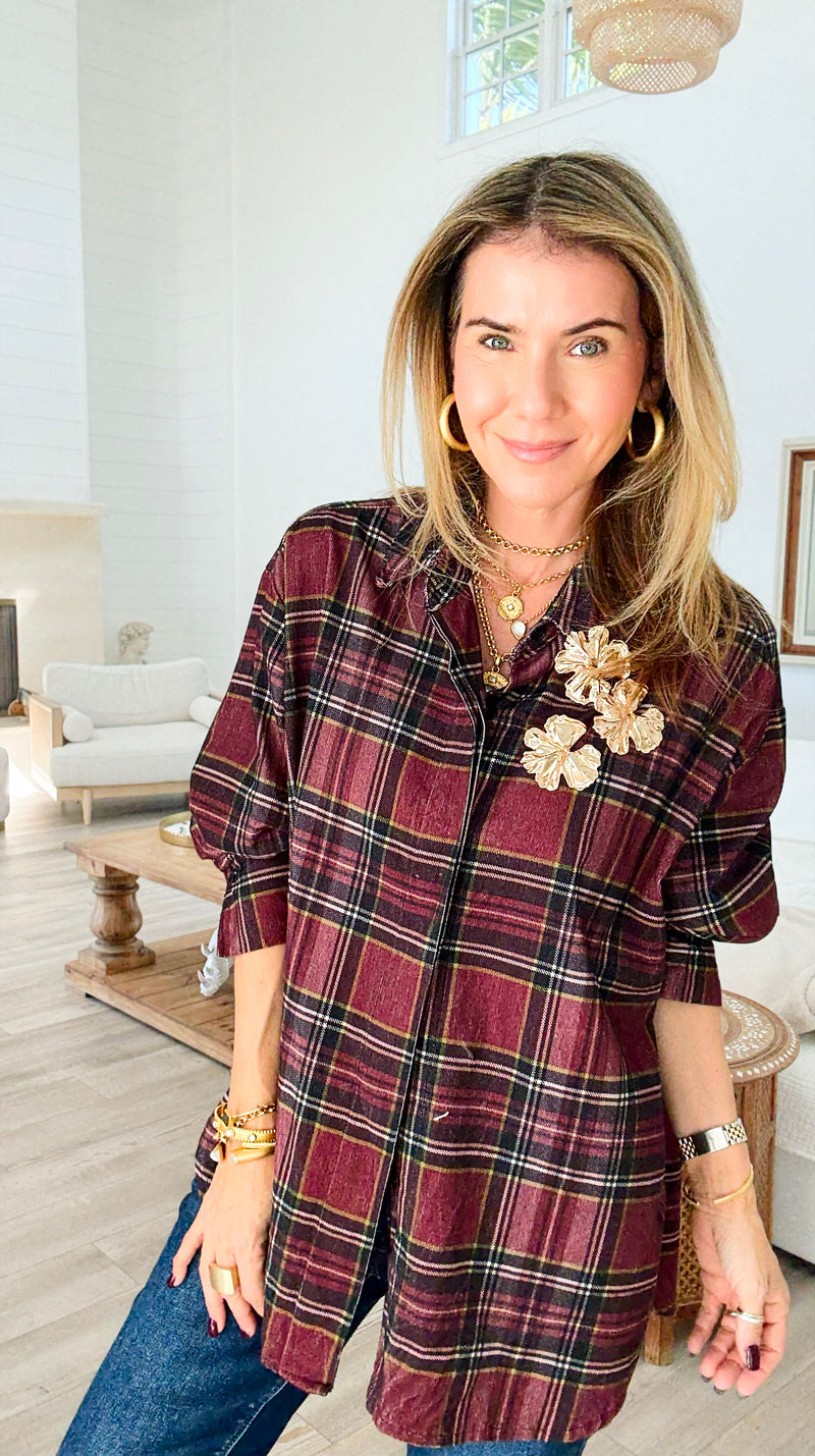 Plaid Petals Corduroy Italian Blouse