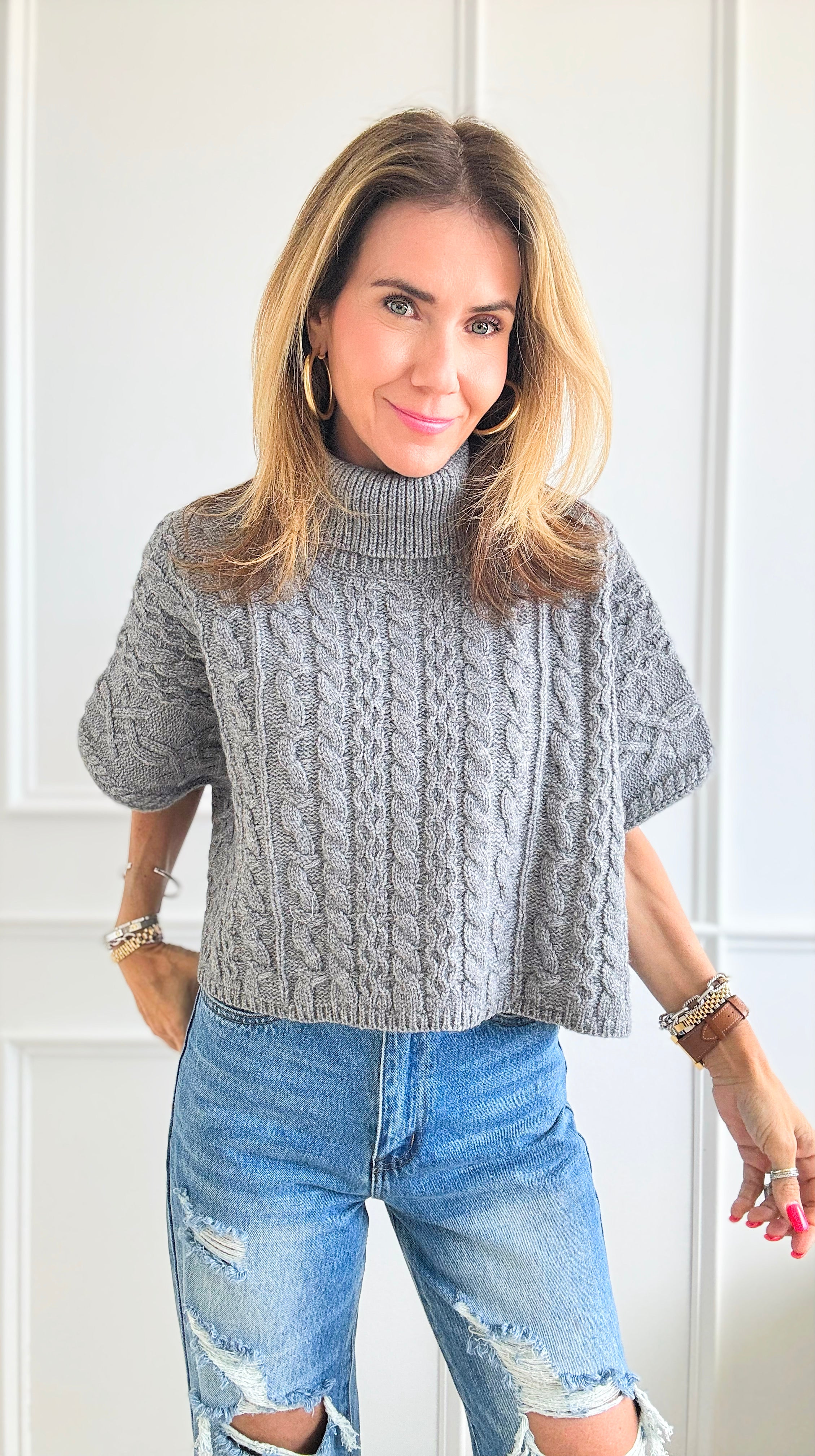 Turtle Neck Cable Knit Sweater - Grey-140 Sweaters-LALAVON-Coastal Bloom Boutique, find the trendiest versions of the popular styles and looks Located in Indialantic, FL