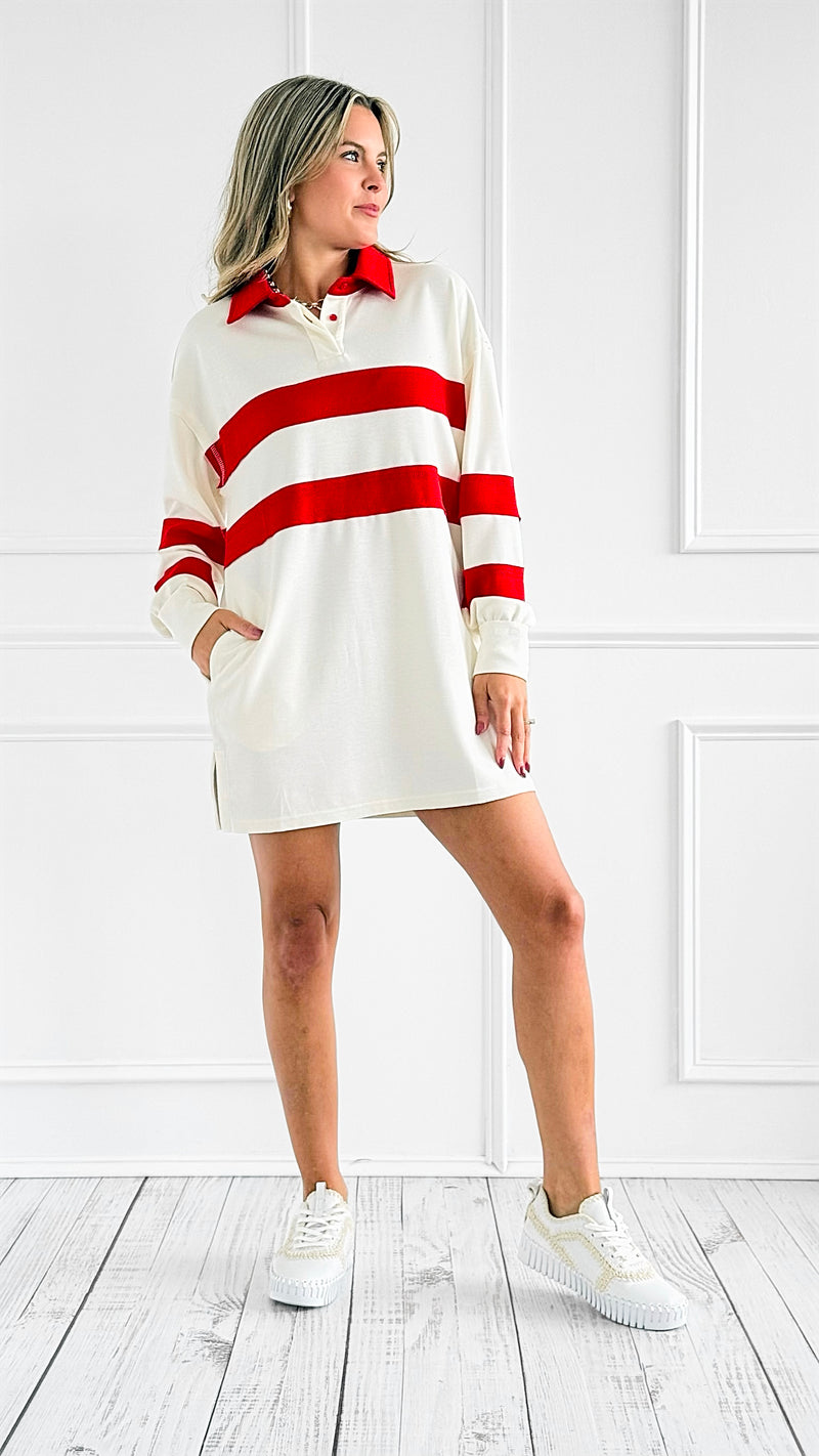 Varsity Striped Polo Dress-200 Dresses/Jumpsuits/Rompers-White Birch-Coastal Bloom Boutique, find the trendiest versions of the popular styles and looks Located in Indialantic, FL