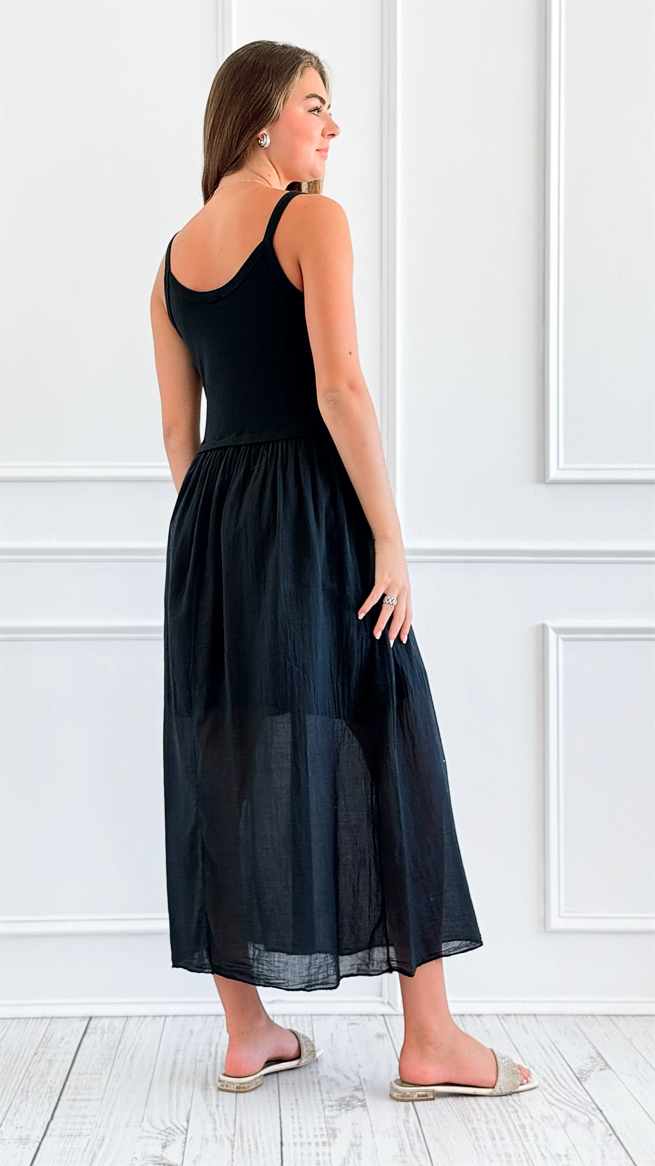 Breezy Stroll Italian Midi Dress- Black-200 Dresses/Jumpsuits/Rompers-Italianissimo-Coastal Bloom Boutique, find the trendiest versions of the popular styles and looks Located in Indialantic, FL
