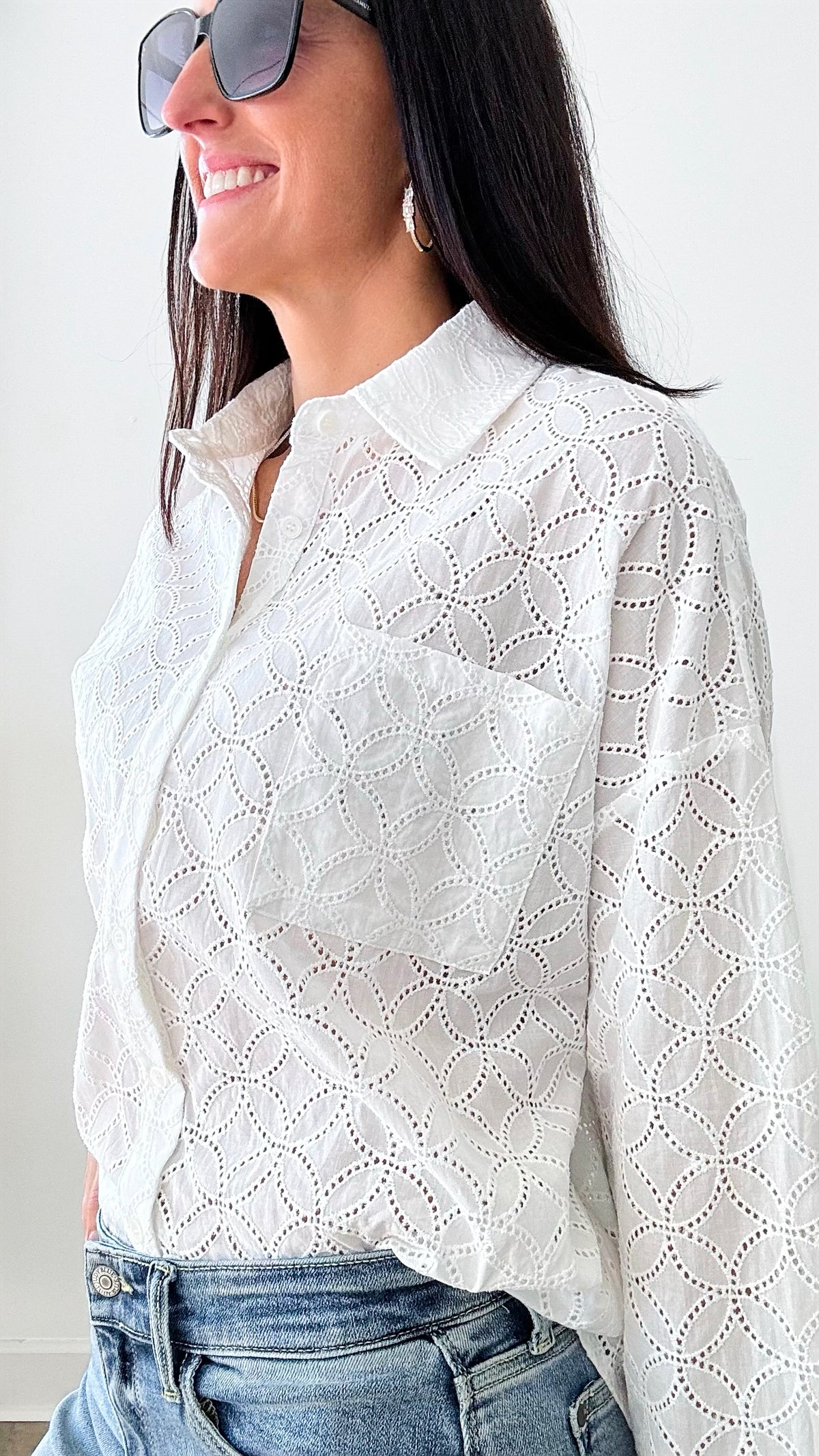 Eyelet Button Up Blouse-130 Long Sleeve Tops-Rousseau-Coastal Bloom Boutique, find the trendiest versions of the popular styles and looks Located in Indialantic, FL