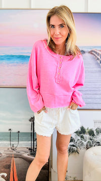 Button-up Crop Long Sleeves Top - Neon Pink-130 Long Sleeve Tops-BucketList-Coastal Bloom Boutique, find the trendiest versions of the popular styles and looks Located in Indialantic, FL