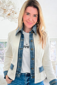 Layered Look Denim Trim Knit Jacket - Ecru