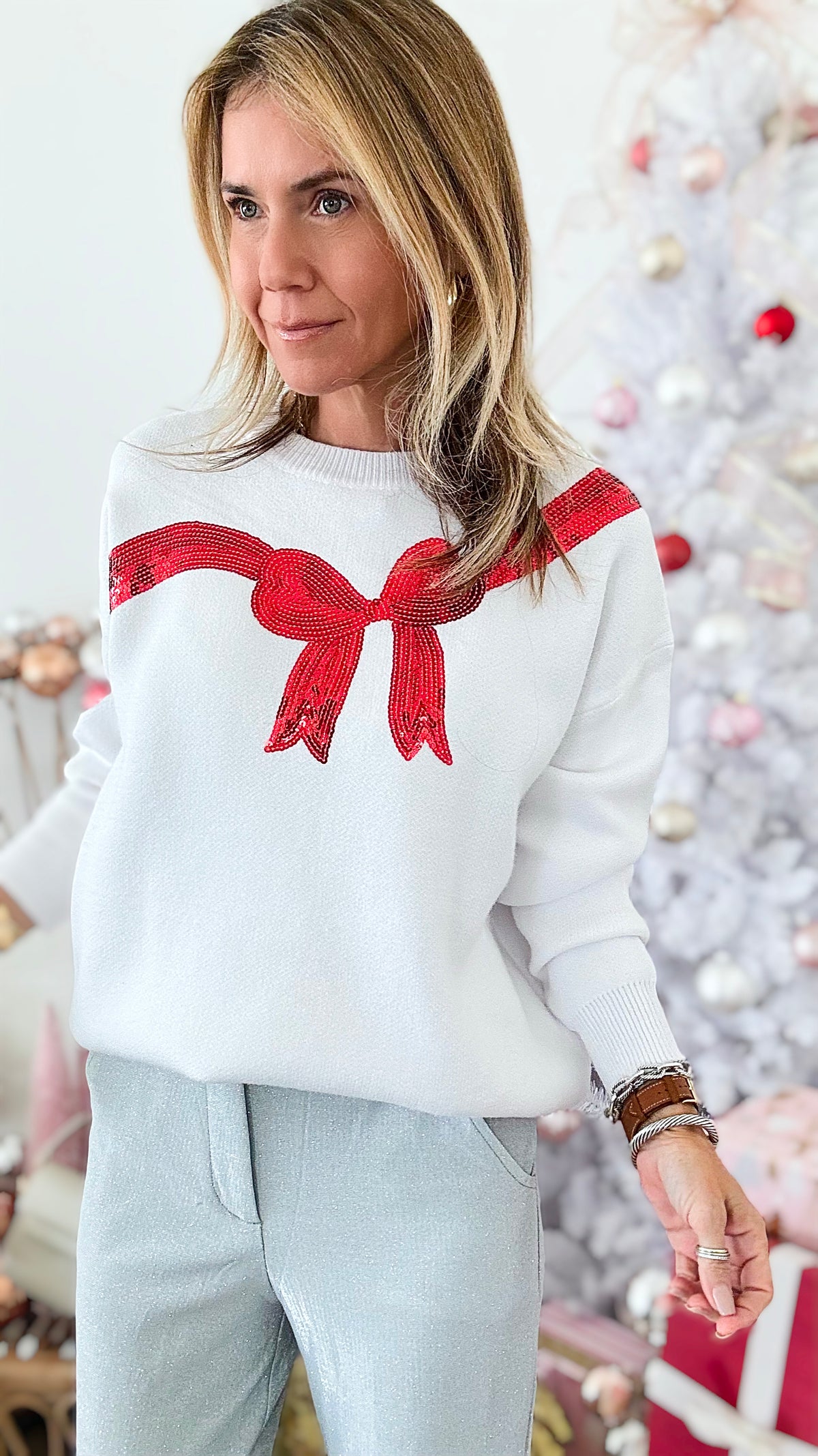 Christmas Gift Bow Sequin Trim Sweater-130 Long Sleeve Tops-RISEN JEANS-Coastal Bloom Boutique, find the trendiest versions of the popular styles and looks Located in Indialantic, FL