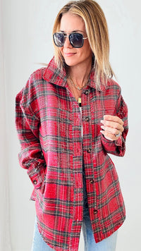 Clear Sequin Plaid Christmas Shirt - Red Multi-160 Jackets-BIBI-Coastal Bloom Boutique, find the trendiest versions of the popular styles and looks Located in Indialantic, FL