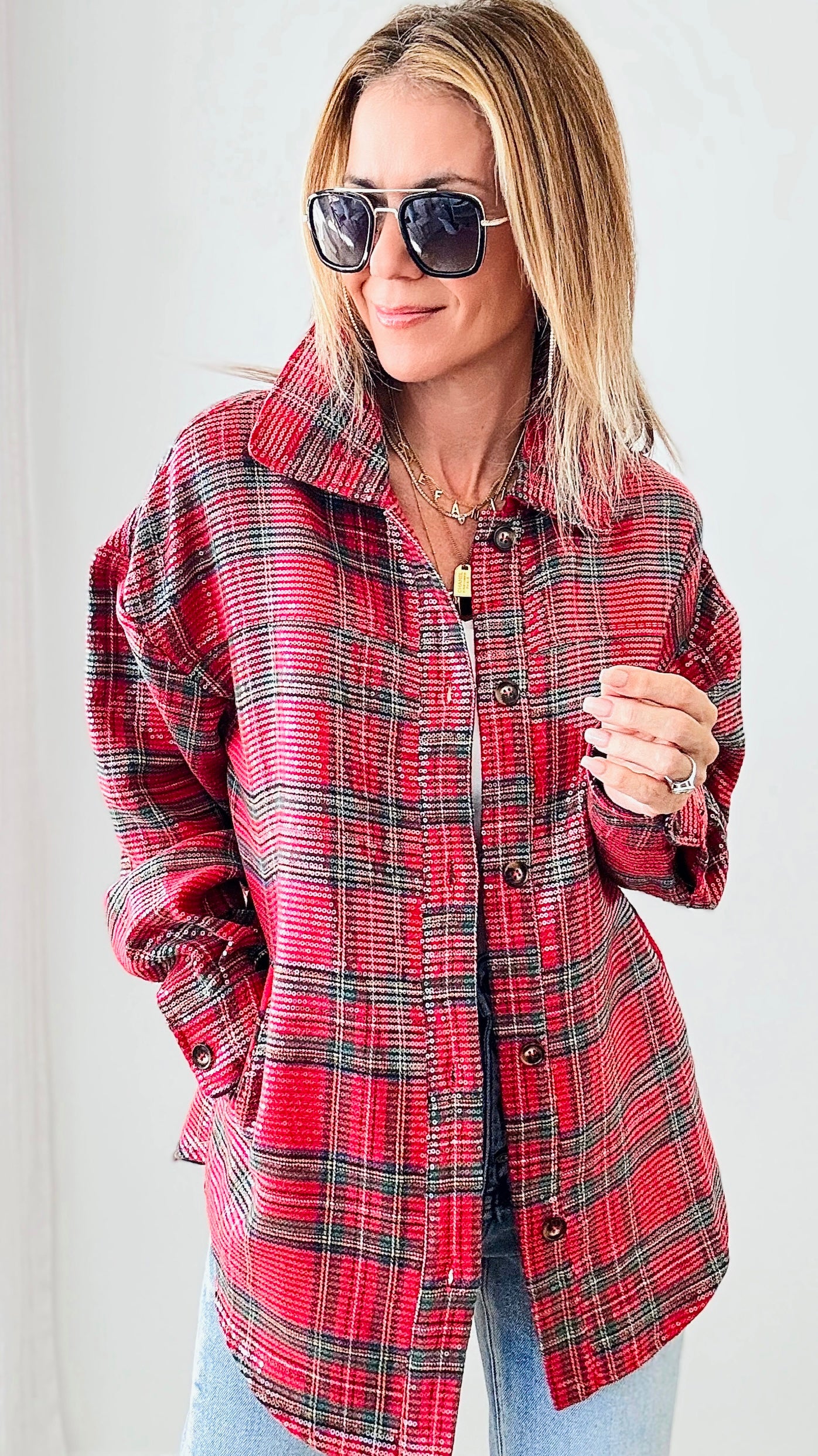 Clear Sequin Plaid Christmas Shirt - Red Multi-160 Jackets-BIBI-Coastal Bloom Boutique, find the trendiest versions of the popular styles and looks Located in Indialantic, FL